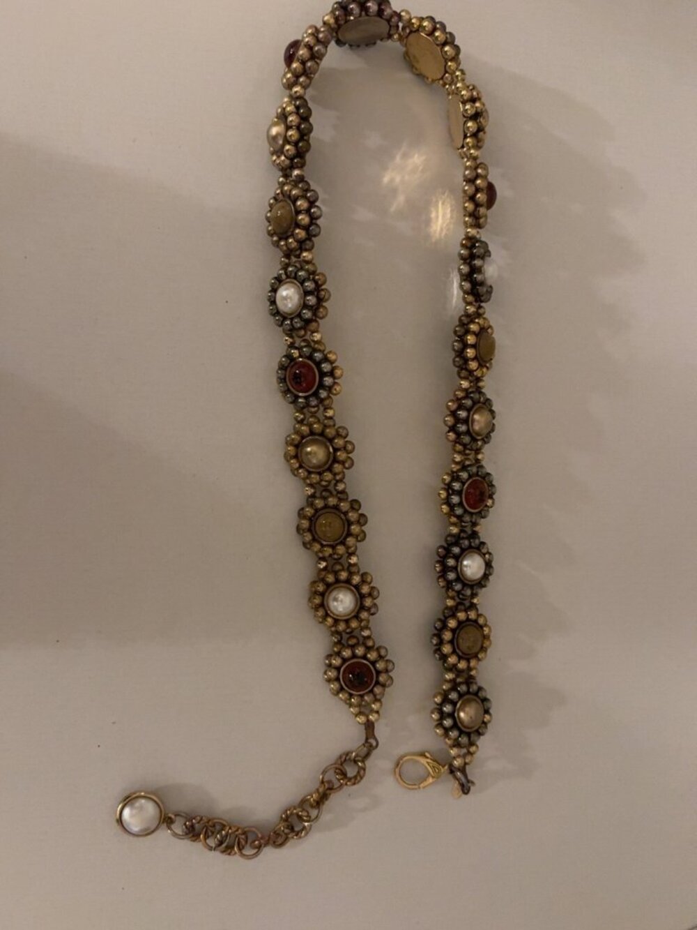 Vintage Gold Tone Floral Beaded Chain Belt Faux Pearl Burgundy Boho Statement